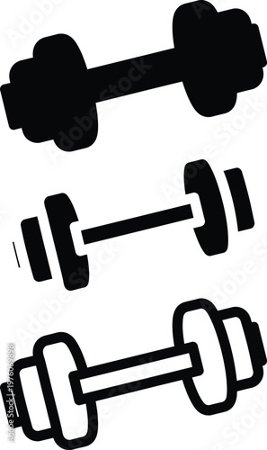 Modern minimalist dumbbell icon set for gym workout and bodybuilding featuring three weightlifting silhouette styles.