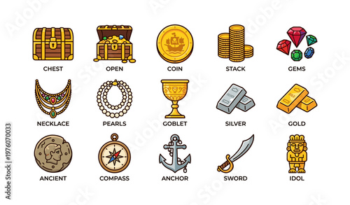 Treasure icons: chest, coin, gems, pearls, compass, anchor, sword, idol