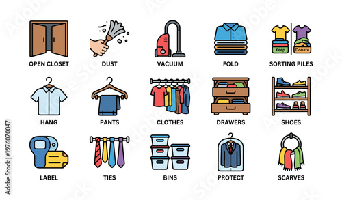 Home organization and cleaning icons: closet, vacuum, fold, sort, label, protect