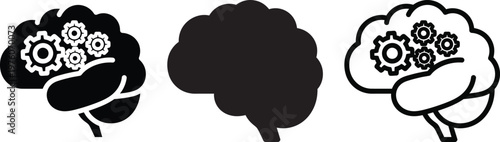 Brain Icon Set with Gears for Artificial Intelligence and Mental Health Concept.