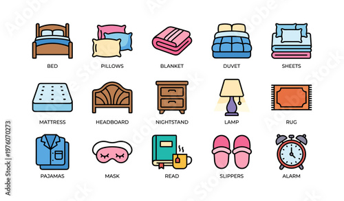 Colorful bedroom icons set featuring furniture, bedding, sleep accessories