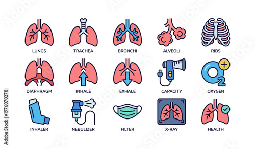 Medical icons of respiratory system elements illustration for healthcare