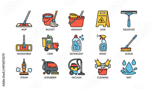Colorful cleaning tools and equipment icons on white background