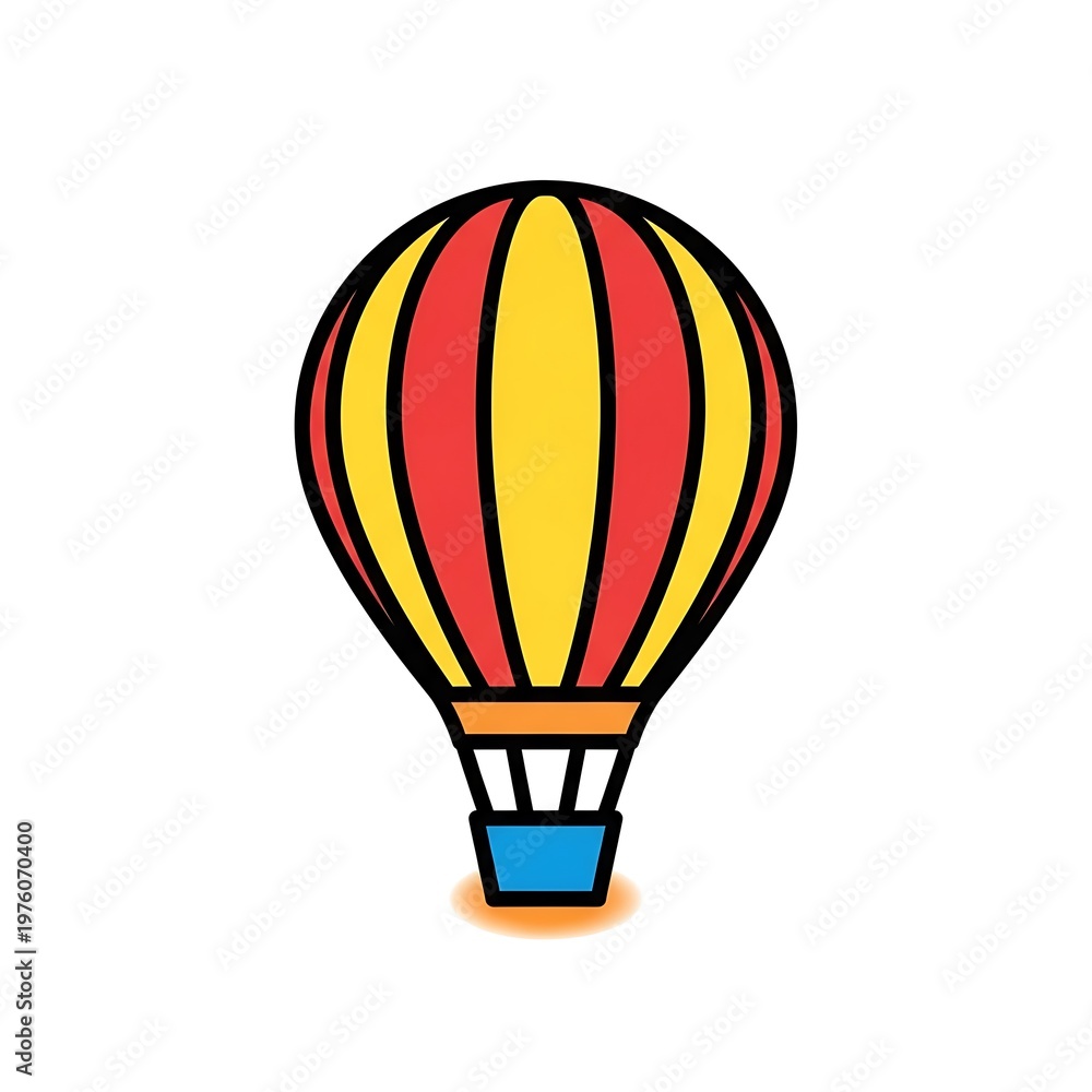 Fototapeta premium A brightly colored hot air balloon with red and yellow striped segments, a black outline, and a blue basket