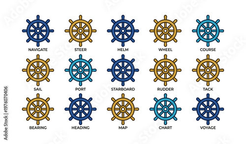 Nautical ship steering wheels with navigational terms in blue and gold