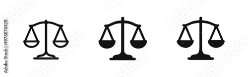 Scales of Justice Icon Set. Symbol of Law, Balance, and Legal Equality in Outline, Solid, and Hand-Drawn Styles.