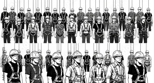 Group of construction workers wearing safety harnesses and hard hats.