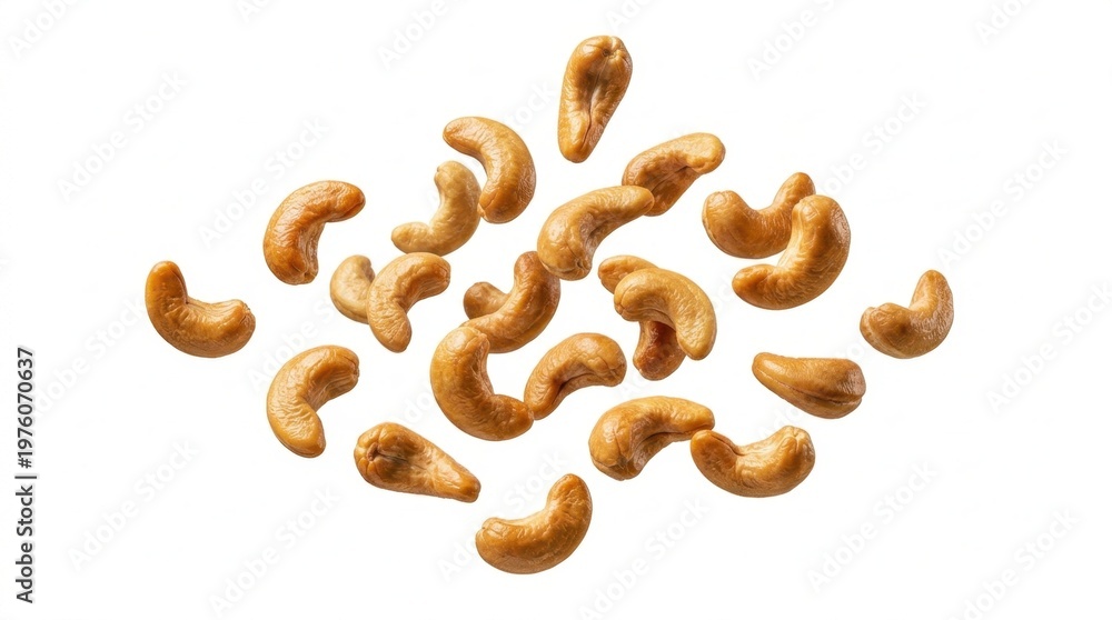 Fototapeta premium Golden Roasted Cashew Nuts Falling and Flying, Isolated on a Pure White Background. Delicious and Healthy Snack, Perfect for Food Advertising and Packaging Designs.