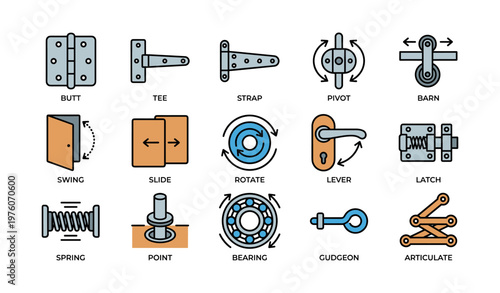 Hardware icons: hinges, bearings, levers, springs, and more