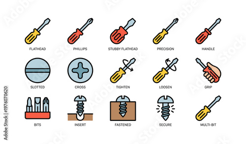 Colorful screwdriver icons illustrating various types and functions