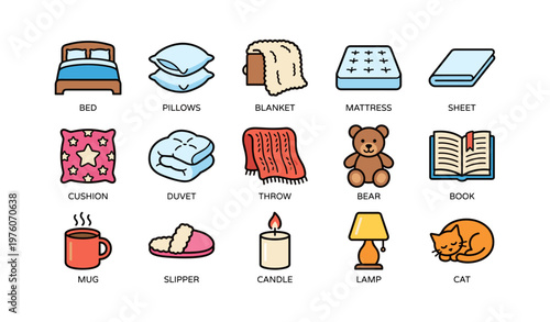 Bedroom essentials: bed, pillow, blanket, mattress, and more cozy items illustrated