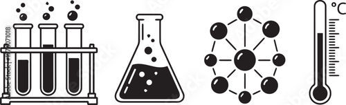 Collection of scientific laboratory equipment and molecular structure.