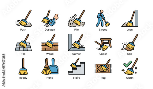 Broom usage icons: cleaning activities and equipment depicted in colorful icons