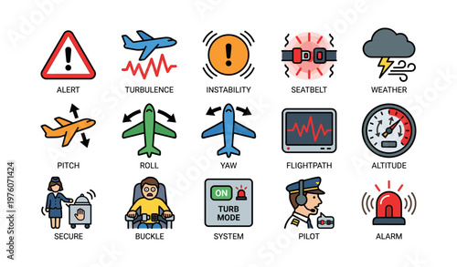 Aviation safety and turbulence icons illustrating flight instability and secure travel