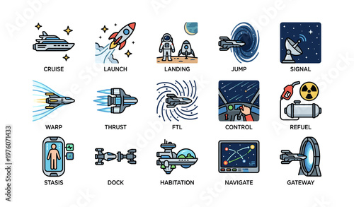 Space exploration icons: rockets, astronauts, black holes, spacecraft, and more