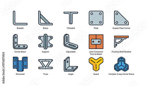 Various metal brackets and connectors for structural support and construction