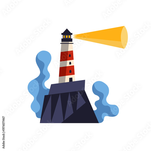 Lighthouse on a rocky coast with beacon light. Flat vector illustration isolated on white background. Bold colors. Perfect for apps, icons, logos, educational materials, and nautical-themed designs