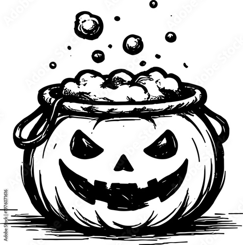 Spooky jack-o-lantern cauldron bubbling with potion and steam on Halloween night