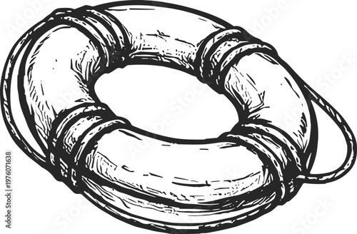 Vintage hand-drawn life preserver ring with rope detail, isolated on white background