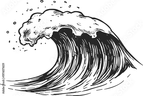 Hand-drawn sketch of a powerful ocean wave crashing with sea spray
