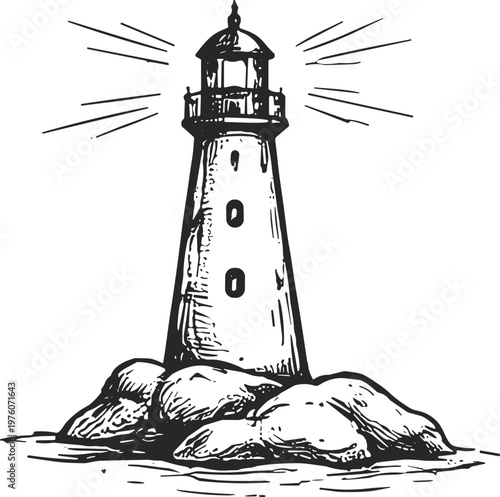 Vintage lighthouse standing tall on rocky shore, emitting bright light beams