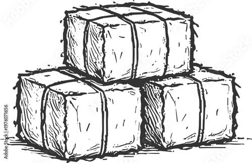 Hand drawn sketch of three rectangular hay bales stacked in a pyramid formation