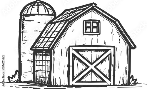 Rustic barn and silo illustration with a charming hand-drawn sketch style