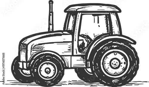 Vintage tractor illustration with a rustic, hand-drawn sketch style