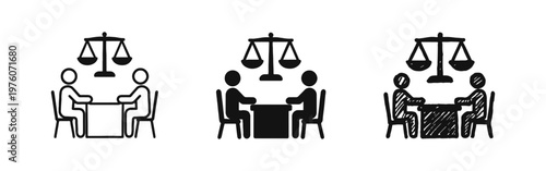 Legal Consultation Icon Set with Scales of Justice. Mediation and Dispute Resolution in Outline, Solid, and Hand-Drawn Styles.