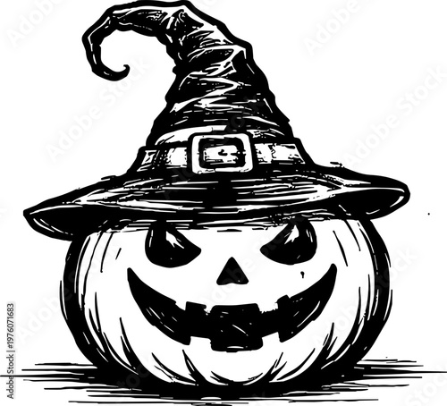 Spooky carved pumpkin wearing a witch hat, perfect for Halloween celebrations