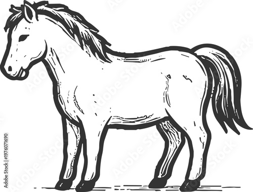 Sketch of a sturdy horse standing still, detailed mane and tail