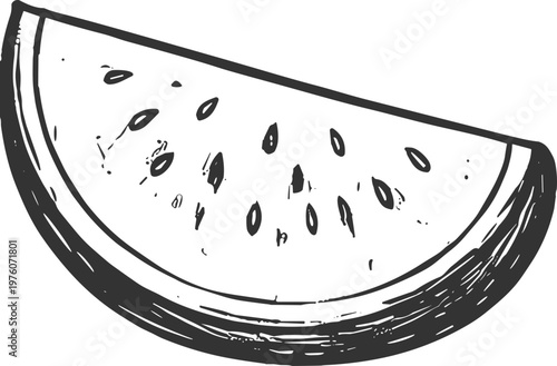 Hand drawn sketch of a juicy watermelon slice with seeds, summer refreshment
