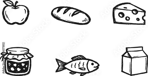 Hand-drawn icons of common grocery items arranged in a grid