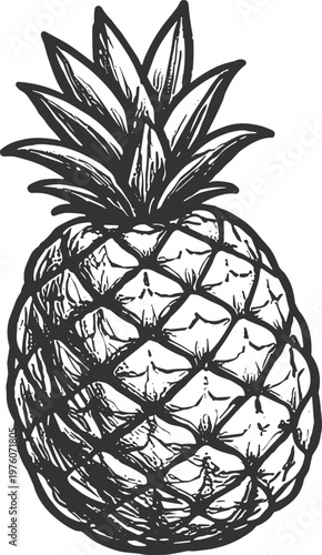 Hand-drawn sketch of a ripe pineapple with a textured rind and leafy crown