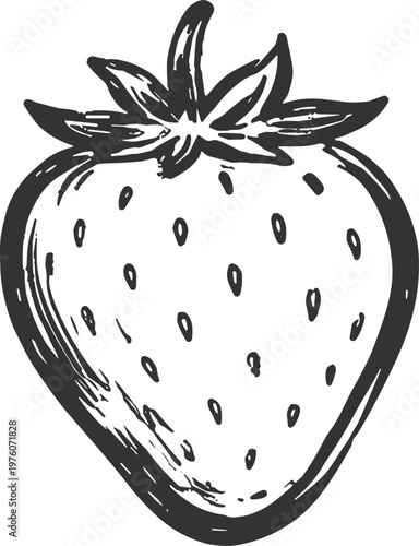 Hand-drawn sketch of a ripe strawberry with detailed texture and leaves