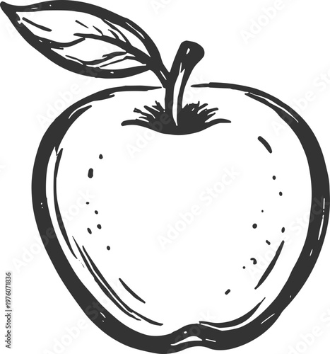 Hand-drawn sketch of a fresh apple with a single leaf and stem