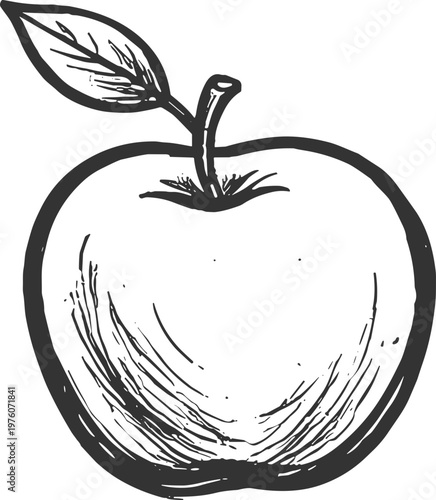 Hand-drawn sketch of a fresh apple with a leaf and stem, simple and rustic style