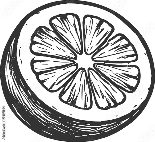 Hand-drawn sketch of a juicy citrus fruit slice, perfect for healthy eating themes
