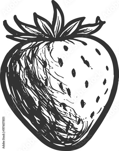 Hand-drawn sketch of a ripe strawberry with detailed texture and leaves