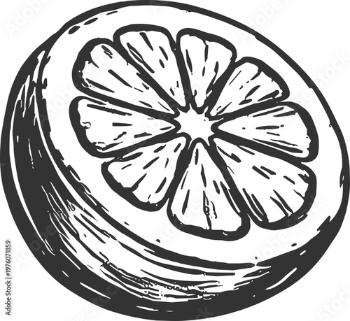 Hand drawn sketch of a juicy citrus fruit slice with segments visible