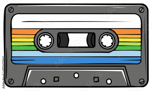 Retro cassette tape with colorful horizontal stripes, vintage audio recording media