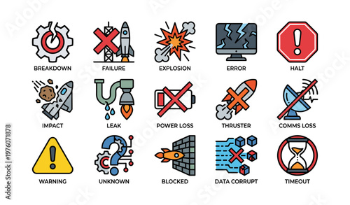 Illustrated icons of breakdowns and system failures across various industries