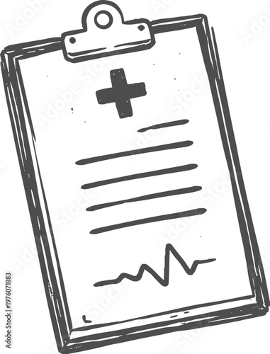 Hand drawn medical chart with heart rhythm and cross symbol on clipboard