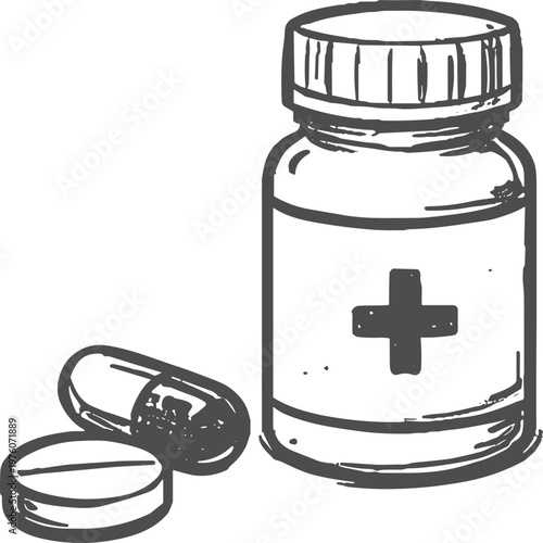 Hand-drawn sketch of a medicine bottle with pills and capsules on a white background
