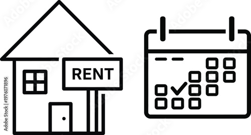 Modern house for rent and calendar icon set for property management rental booking schedule and real estate payment deadline concept in minimalist line art style