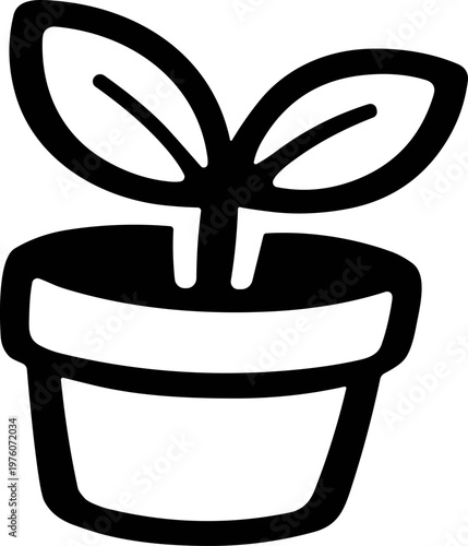 Simple black and white illustration of a small plant growing in a pot