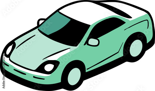 Sleek mint green sports car with a panoramic sunroof, captured in a dynamic isometric view