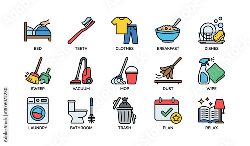 Home chores icons: cleaning, laundry, and kitchen tasks illustrated