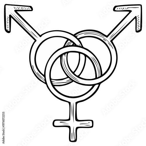 Intertwined Gender Symbols in Outline Illustration Expressing Diversity and Inclusion, Gender Identity, and LGBTQ Community Representation