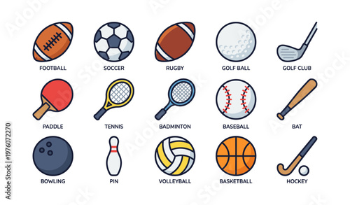 Diverse sports equipment icons: balls, rackets, golf club, bat, and more
